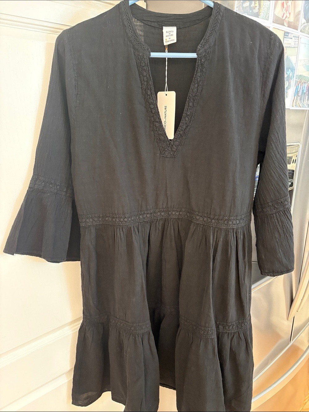 Black Tiered V-Neck Peasant Dress